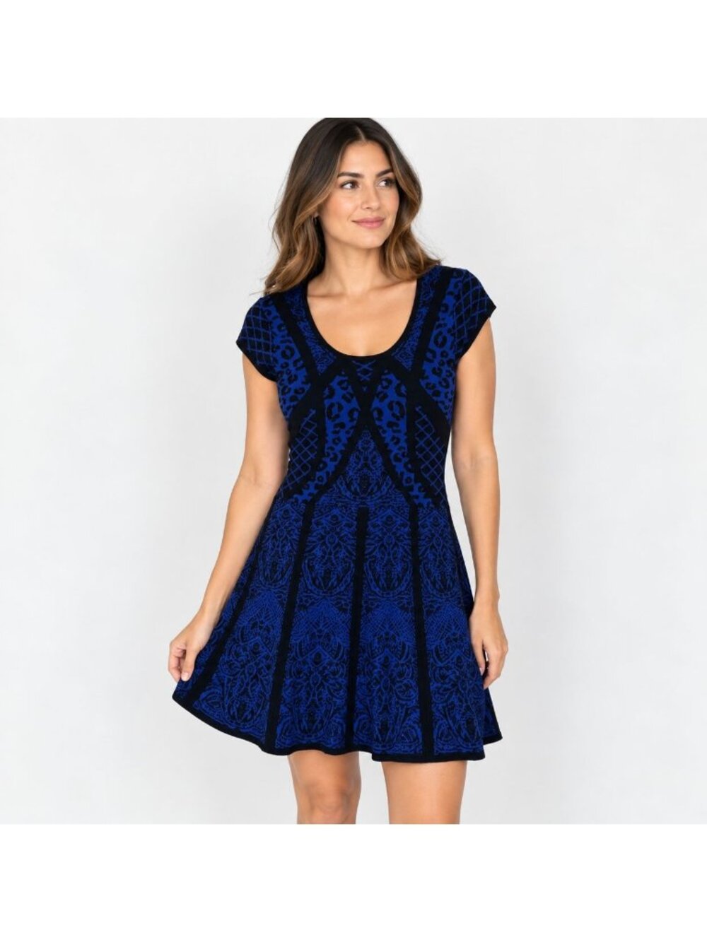 Nicole Miller Atelier Blue Black Animal Print Fit & Flare Dress Petite P
